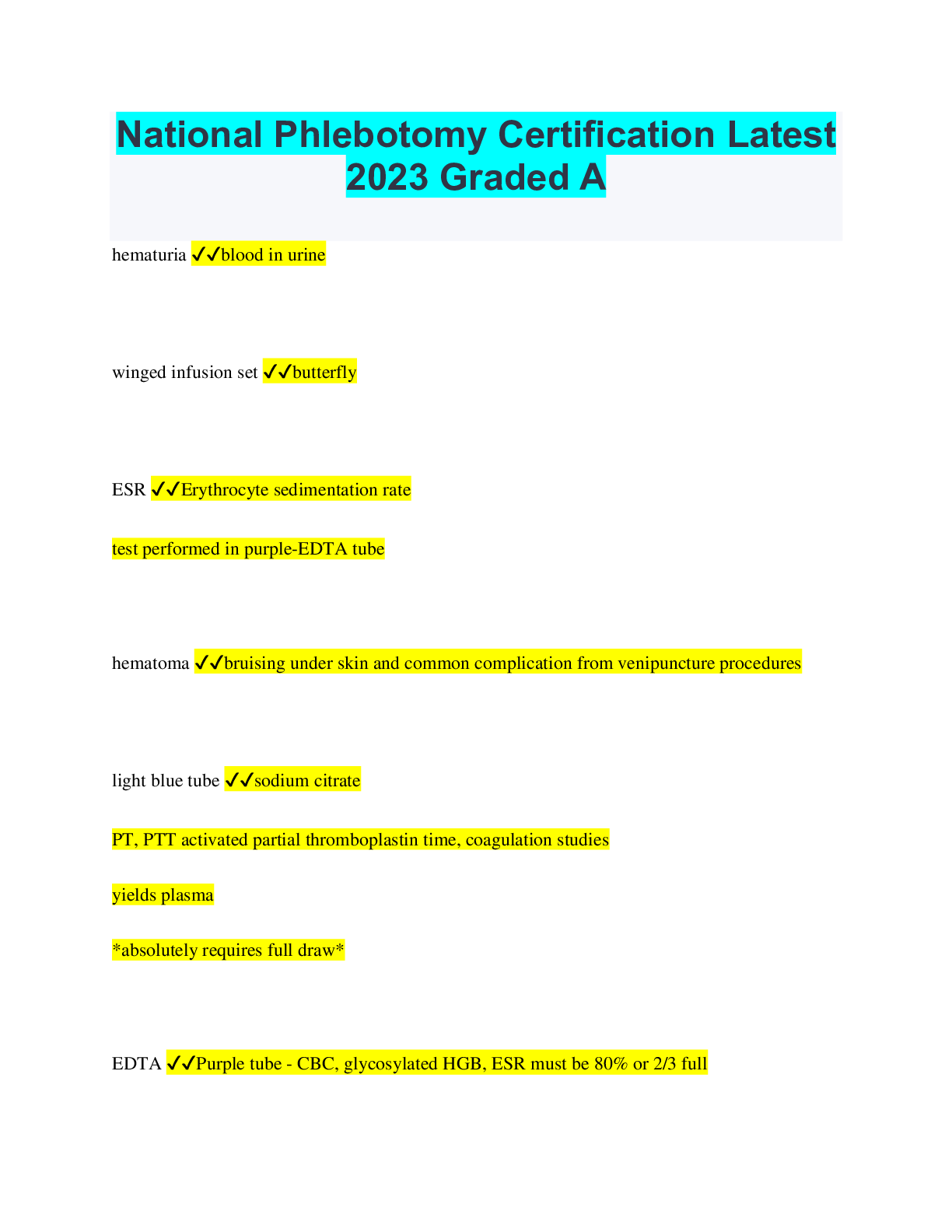 Preview of National Phlebotomy Certification Latest 2023 Graded A